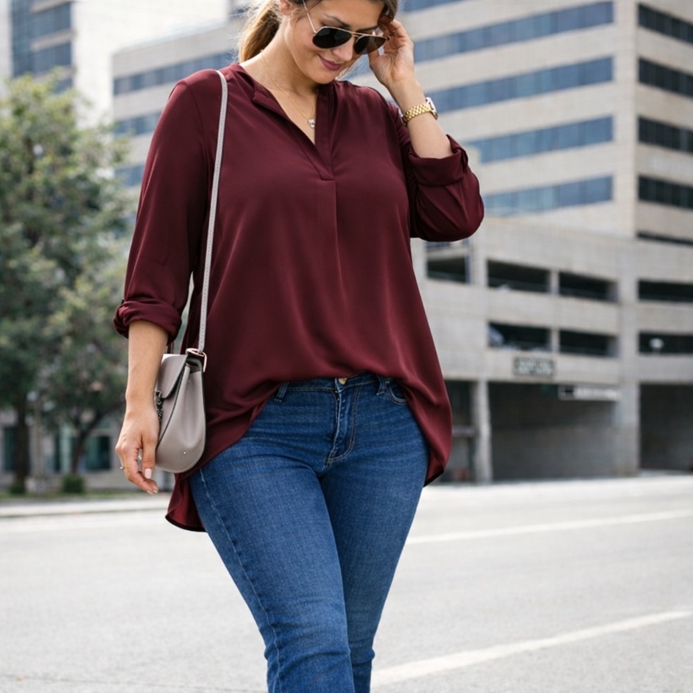 Burgundy Split Neck Tunic Blouse XL 3/4  Sleeve Top